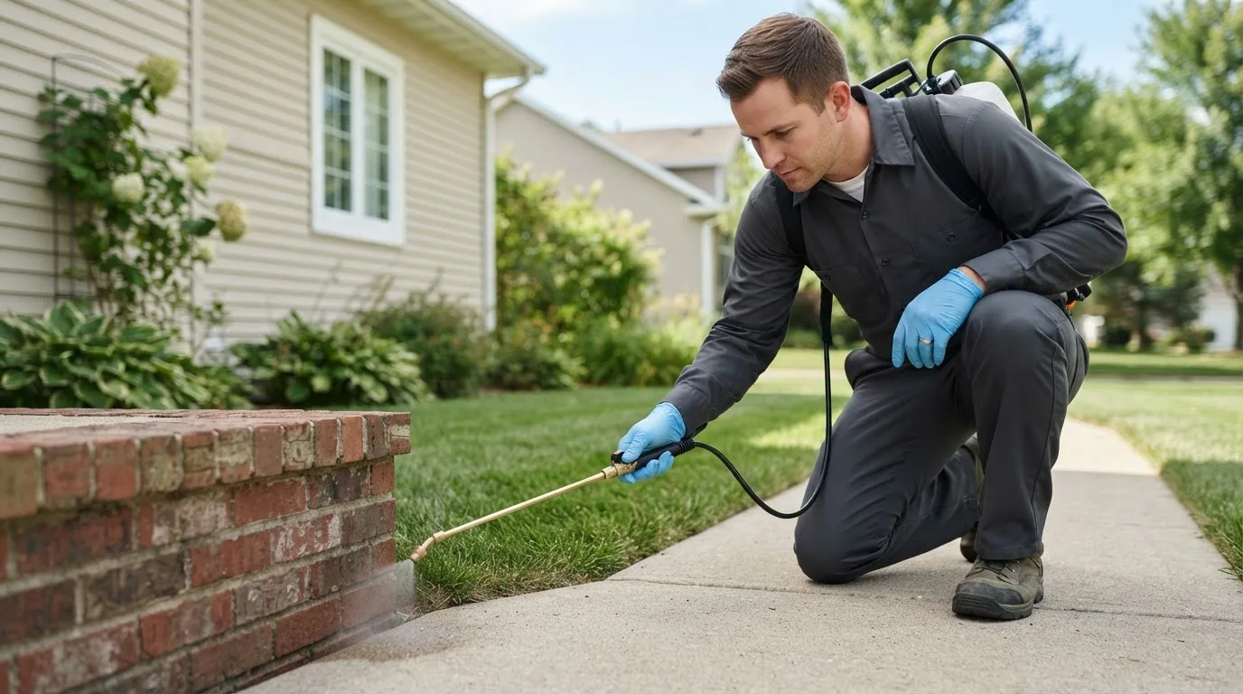 Pest control technician treating a home near Donovan, IL