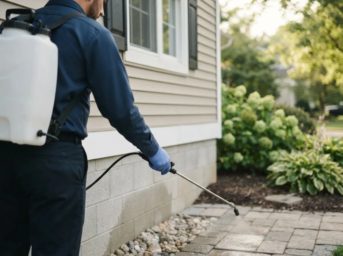 Pest control technician inspecting a home in Donovan, IL